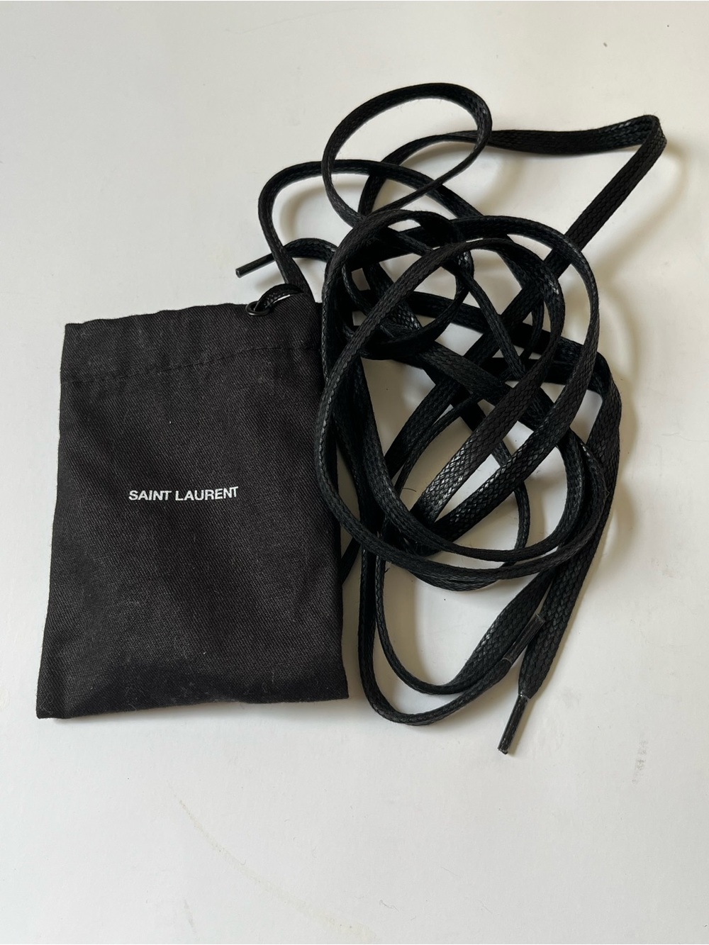 Saint Laurent Black shoelace in Drawstring Pouch with White Logo 3/8” x 53”